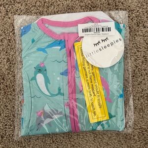 Little Sleepies Aqua Dolphin One-Piece Swimsuit with Pink Trim